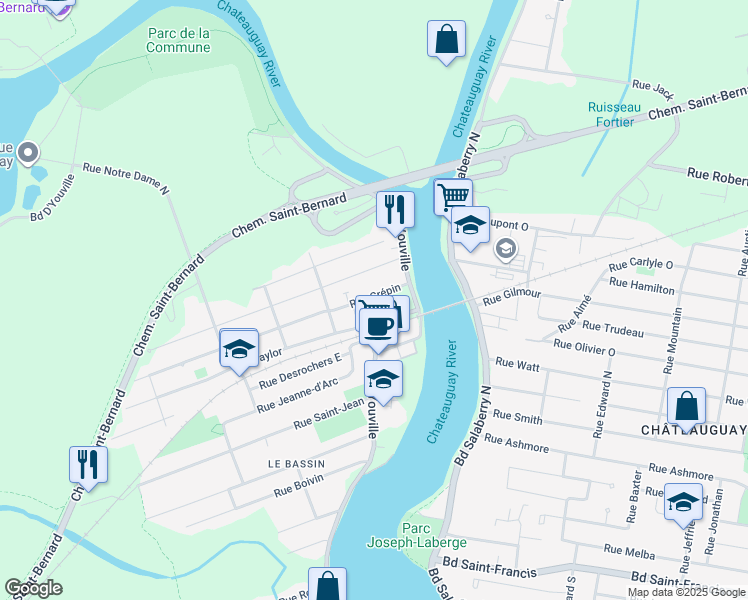 map of restaurants, bars, coffee shops, grocery stores, and more near 12 Rue Crépin in Châteauguay