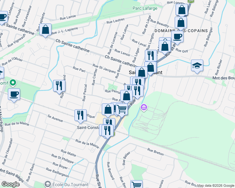 map of restaurants, bars, coffee shops, grocery stores, and more near 16 Rue Perron in Saint-Constant