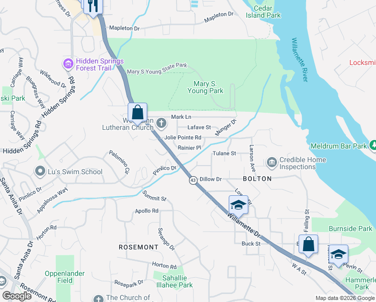 map of restaurants, bars, coffee shops, grocery stores, and more near 20590 Willamette Drive in West Linn