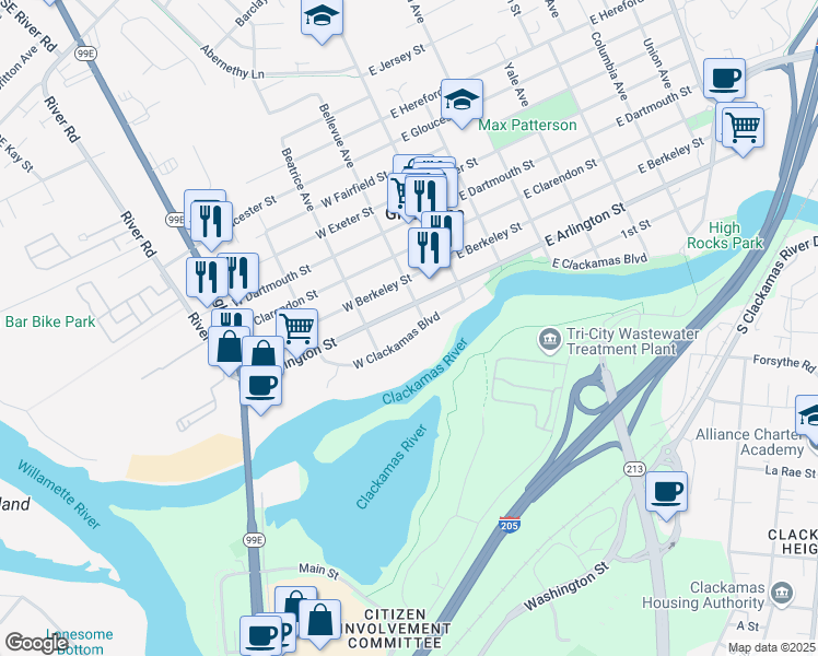 map of restaurants, bars, coffee shops, grocery stores, and more near 220 West Clackamas Boulevard in Gladstone