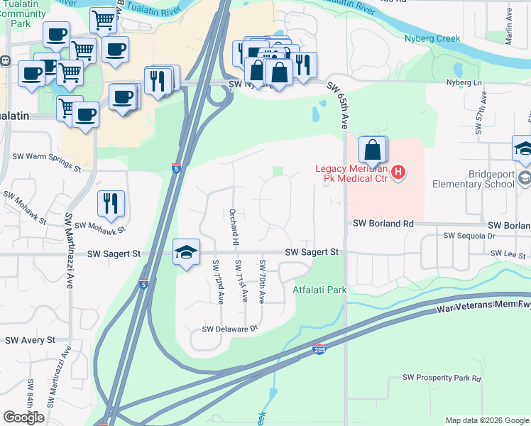 map of restaurants, bars, coffee shops, grocery stores, and more near 19712 Southwest 68th Avenue in Tualatin