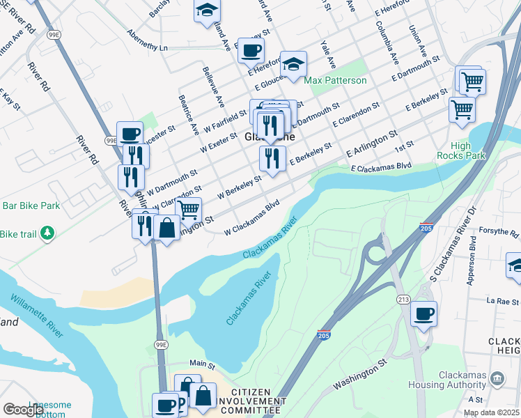 map of restaurants, bars, coffee shops, grocery stores, and more near 220 West Clackamas Boulevard in Gladstone