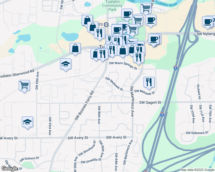 map of restaurants, bars, coffee shops, grocery stores, and more near 8476 Southwest Mohawk Street in Tualatin