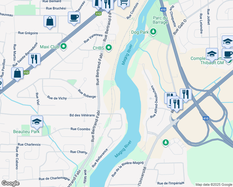 map of restaurants, bars, coffee shops, grocery stores, and more near 5046 Rue Louis-Beaupré in Sherbrooke