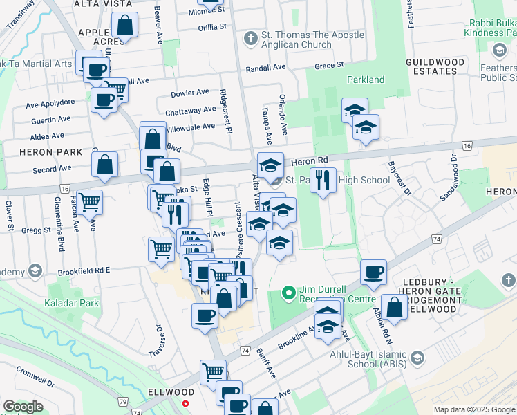 map of restaurants, bars, coffee shops, grocery stores, and more near 2536 Alta Vista Drive in Ottawa