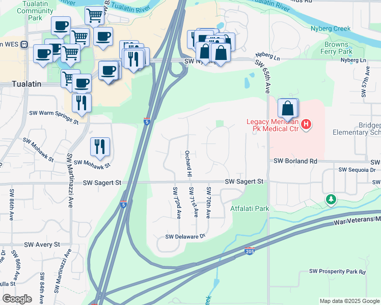 map of restaurants, bars, coffee shops, grocery stores, and more near 7189 Southwest Sagert Street in Tualatin