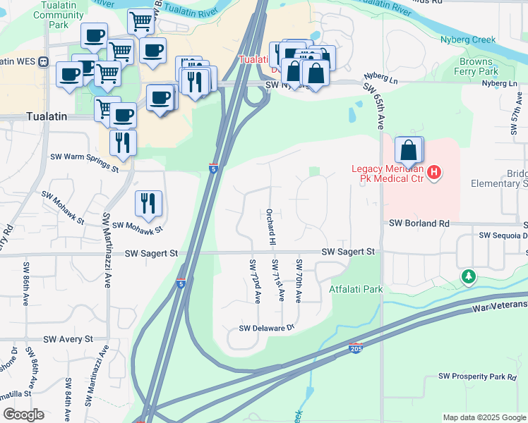 map of restaurants, bars, coffee shops, grocery stores, and more near 7189 Southwest Sagert Street in Tualatin
