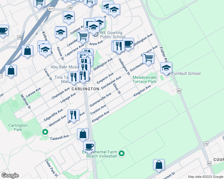 map of restaurants, bars, coffee shops, grocery stores, and more near in Ottawa