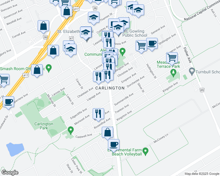 map of restaurants, bars, coffee shops, grocery stores, and more near in Ottawa