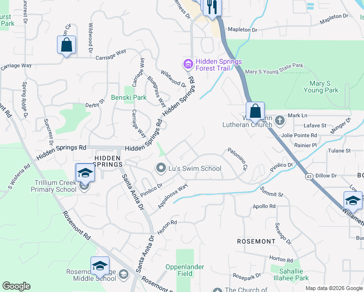 map of restaurants, bars, coffee shops, grocery stores, and more near 6301 Palomino Way in West Linn