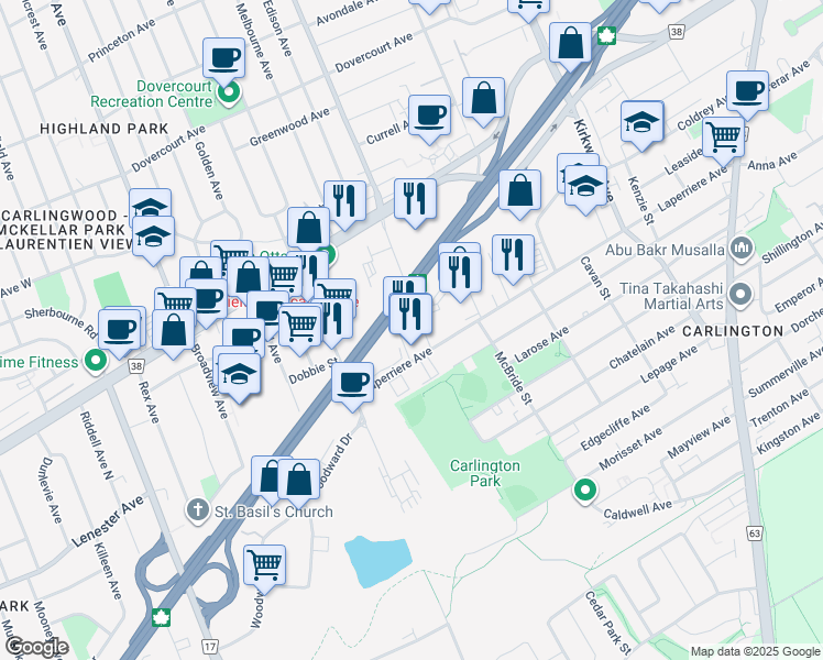 map of restaurants, bars, coffee shops, grocery stores, and more near 885 Churchill Avenue South in Ottawa