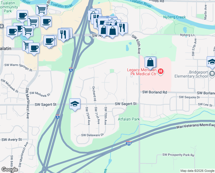 map of restaurants, bars, coffee shops, grocery stores, and more near 6885 Southwest Napa Court in Tualatin