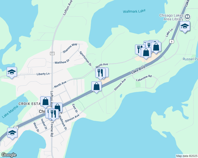map of restaurants, bars, coffee shops, grocery stores, and more near 29583 Sportsman Drive in Chisago City