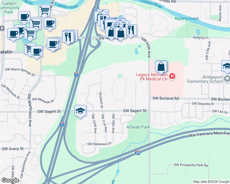 map of restaurants, bars, coffee shops, grocery stores, and more near 6885 Southwest Napa Court in Tualatin