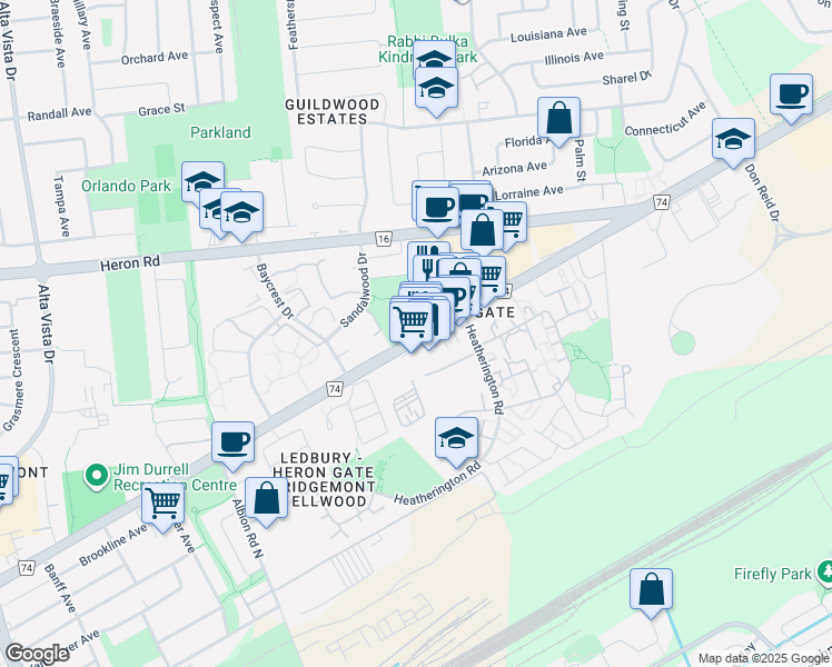 map of restaurants, bars, coffee shops, grocery stores, and more near 1581 Walkley Road in Ottawa
