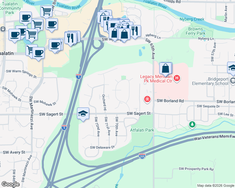 map of restaurants, bars, coffee shops, grocery stores, and more near 6991 Southwest Napa Drive in Tualatin