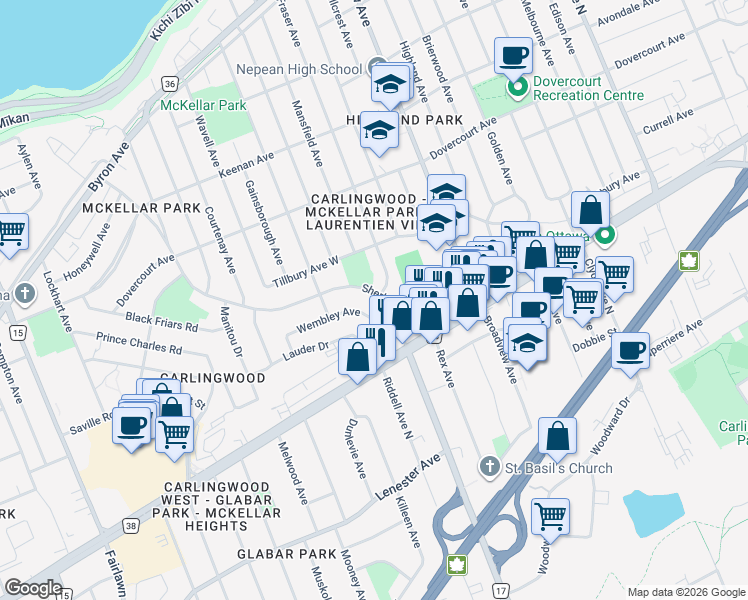 map of restaurants, bars, coffee shops, grocery stores, and more near 736 Sherbourne Road in Ottawa