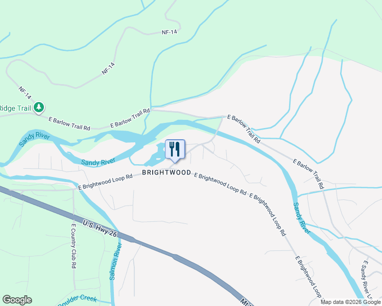 map of restaurants, bars, coffee shops, grocery stores, and more near Brightwood Bridge Road in Mount Hood Village