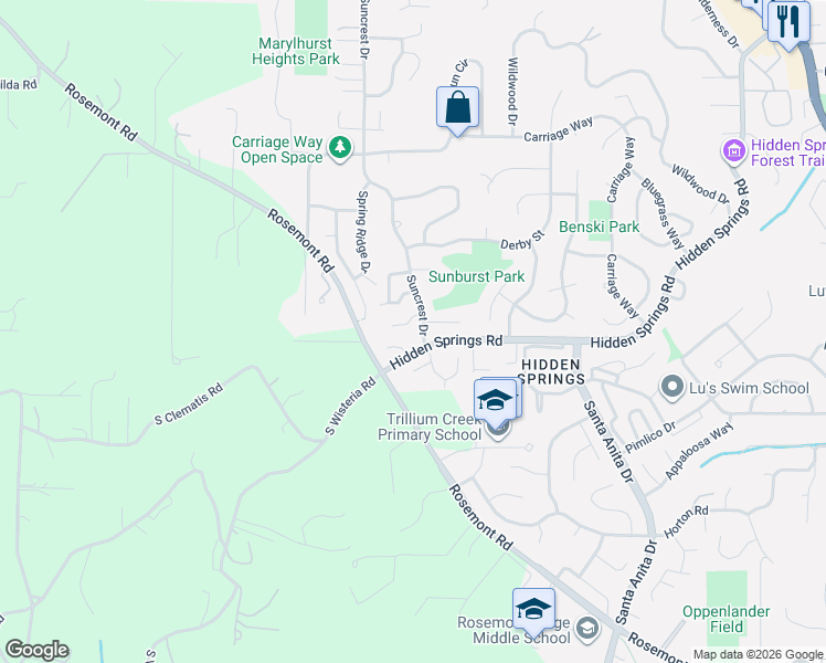 map of restaurants, bars, coffee shops, grocery stores, and more near 2050 Sunray Circle in West Linn