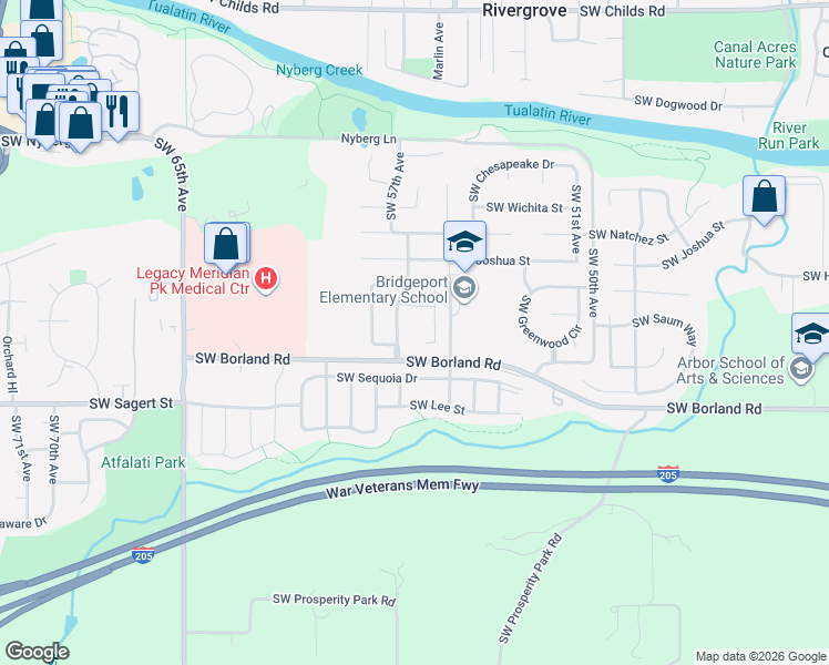 map of restaurants, bars, coffee shops, grocery stores, and more near 5630 Powhatan Avenue in Tualatin