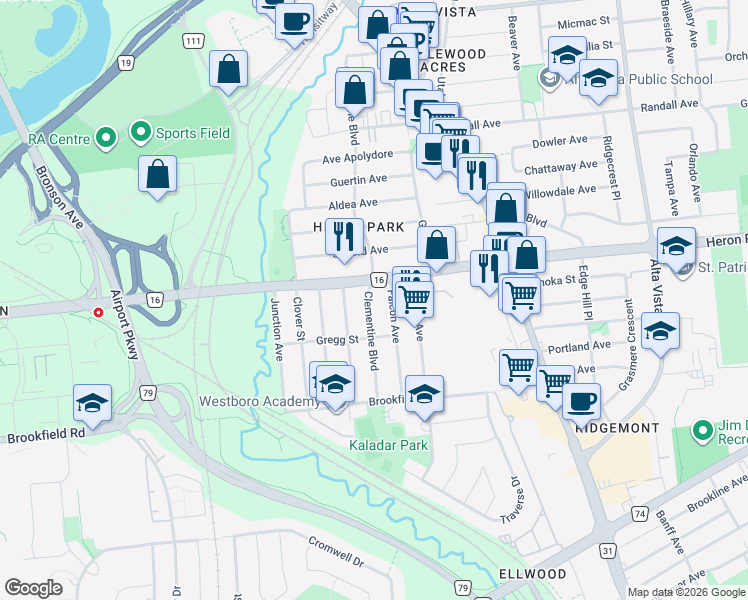 map of restaurants, bars, coffee shops, grocery stores, and more near 2421 Clementine Boulevard in Ottawa