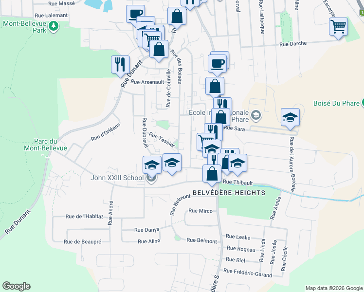 map of restaurants, bars, coffee shops, grocery stores, and more near 2000 Rue des Boisés in Sherbrooke