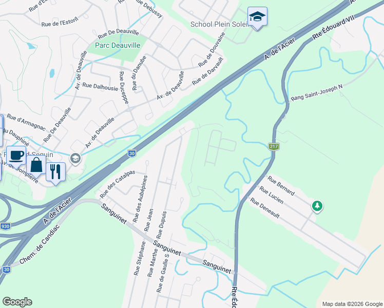 map of restaurants, bars, coffee shops, grocery stores, and more near 249 Rue de la Clairière in Saint-Philippe