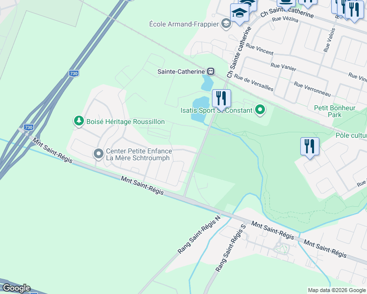 map of restaurants, bars, coffee shops, grocery stores, and more near 42 Rue Riopelle in Saint-Constant