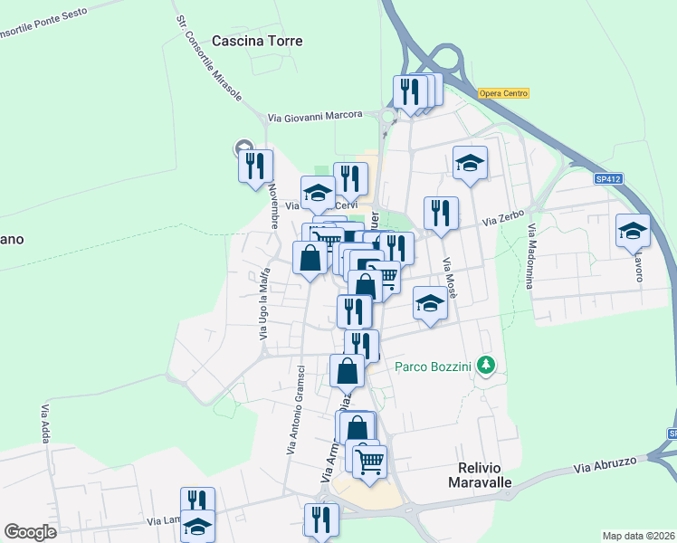 map of restaurants, bars, coffee shops, grocery stores, and more near 6 Via Dante Alighieri in Opera