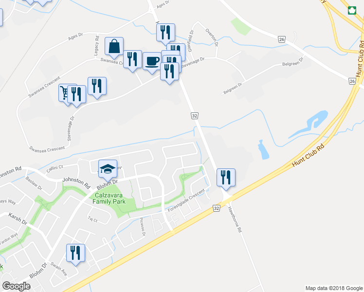 map of restaurants, bars, coffee shops, grocery stores, and more near 76 Hunterswood Crescent in Ottawa