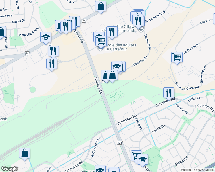 map of restaurants, bars, coffee shops, grocery stores, and more near 5-2000 Thurston Drive in Ottawa