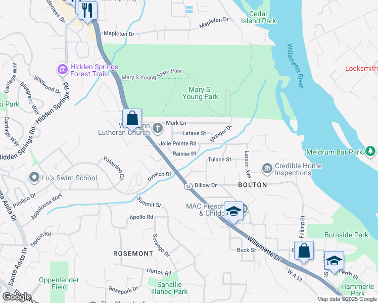 map of restaurants, bars, coffee shops, grocery stores, and more near 2737 Rainier Place in West Linn