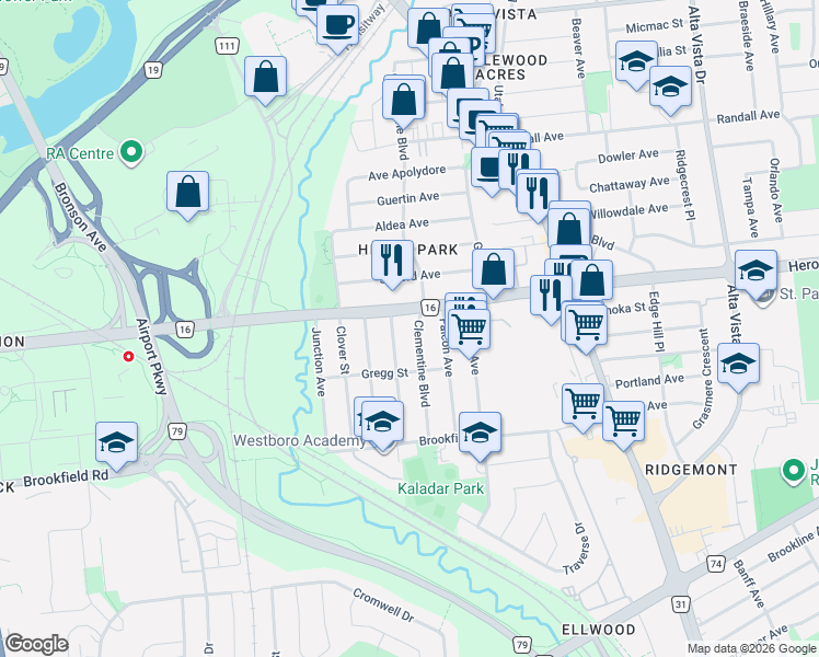 map of restaurants, bars, coffee shops, grocery stores, and more near 979 Clementine Boulevard in Ottawa