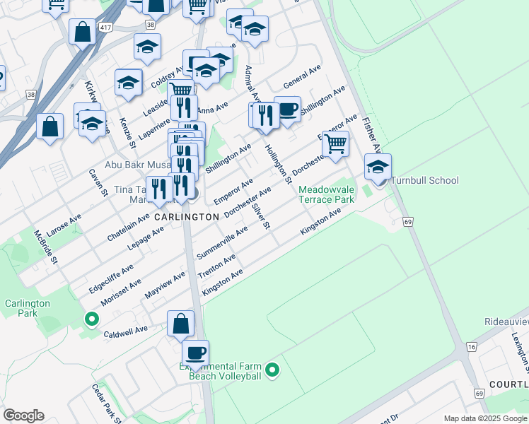 map of restaurants, bars, coffee shops, grocery stores, and more near 1271 Summerville Avenue in Ottawa