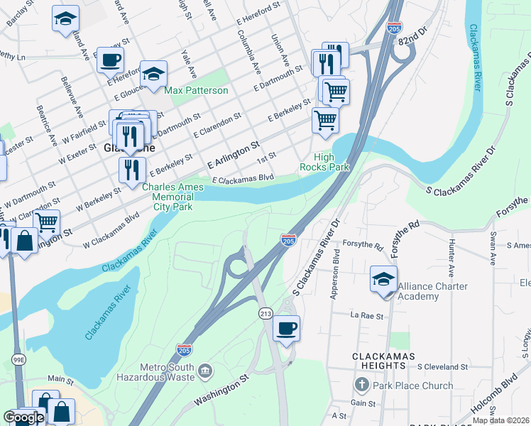 map of restaurants, bars, coffee shops, grocery stores, and more near 15751 South Washington Street in Oregon City