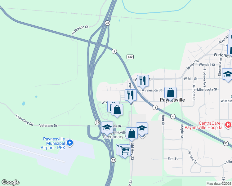 map of restaurants, bars, coffee shops, grocery stores, and more near 1102 Minnesota Street in Paynesville