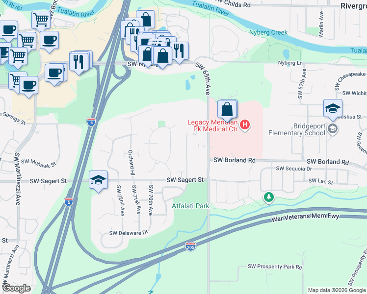 map of restaurants, bars, coffee shops, grocery stores, and more near 6685 Southwest Sagert Street in Tualatin