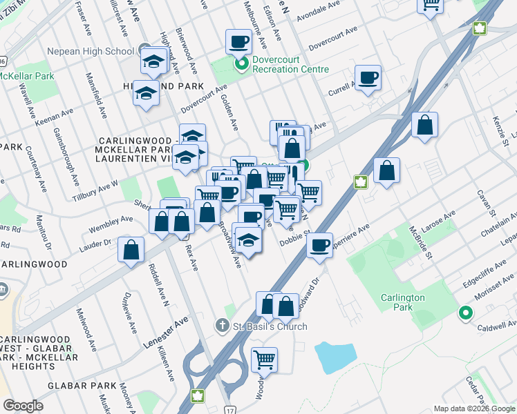 map of restaurants, bars, coffee shops, grocery stores, and more near 818 Boyd Avenue in Ottawa