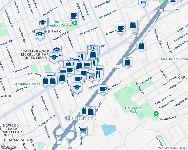 map of restaurants, bars, coffee shops, grocery stores, and more near in Ottawa