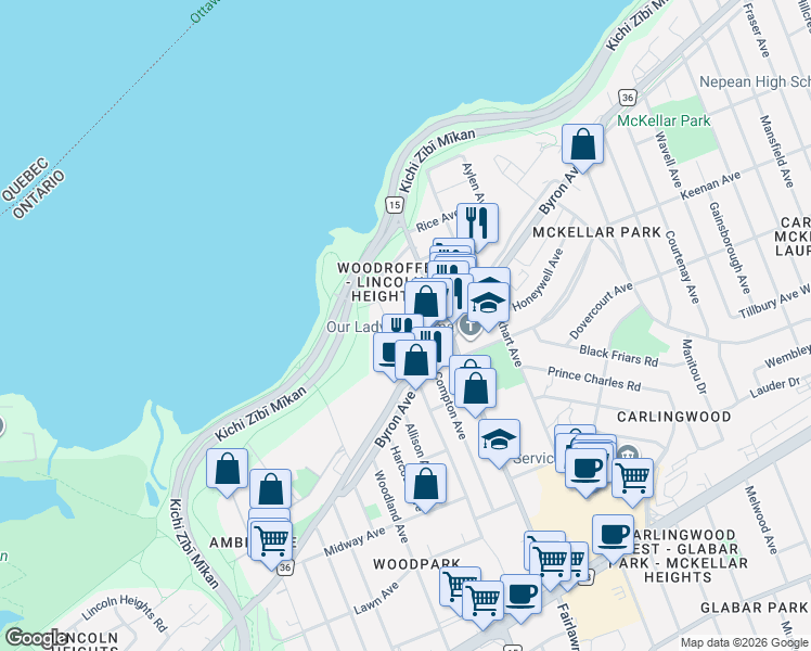 map of restaurants, bars, coffee shops, grocery stores, and more near 92 Orvigale Road in Ottawa