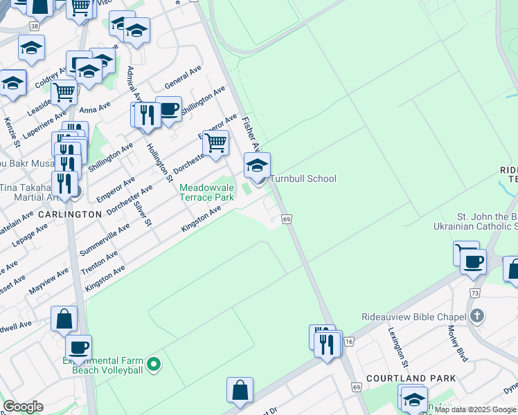 map of restaurants, bars, coffee shops, grocery stores, and more near 1150 Fisher Avenue in Ottawa