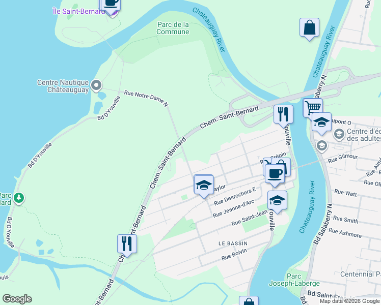 map of restaurants, bars, coffee shops, grocery stores, and more near 150 Rue Notre-Dame Nord in Châteauguay
