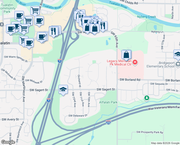 map of restaurants, bars, coffee shops, grocery stores, and more near 6991 Southwest Napa Drive in Tualatin