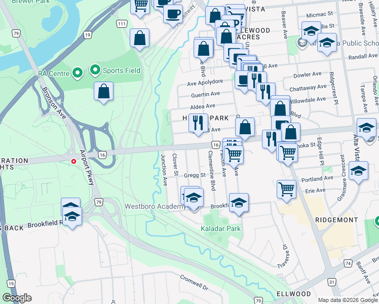 map of restaurants, bars, coffee shops, grocery stores, and more near in Ottawa