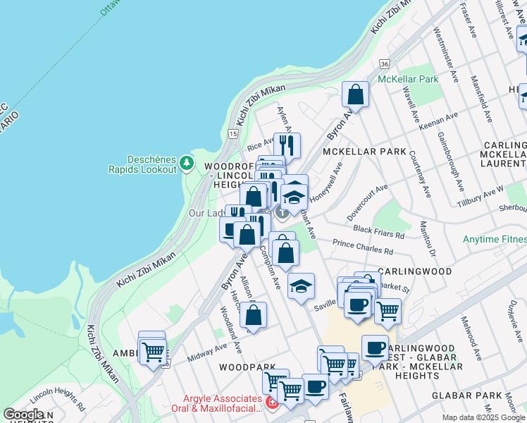 map of restaurants, bars, coffee shops, grocery stores, and more near 911 Richmond Road in Ottawa