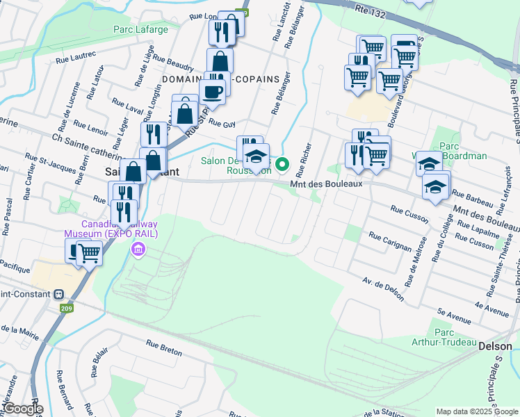 map of restaurants, bars, coffee shops, grocery stores, and more near 545 Rue des Cheminots in Delson