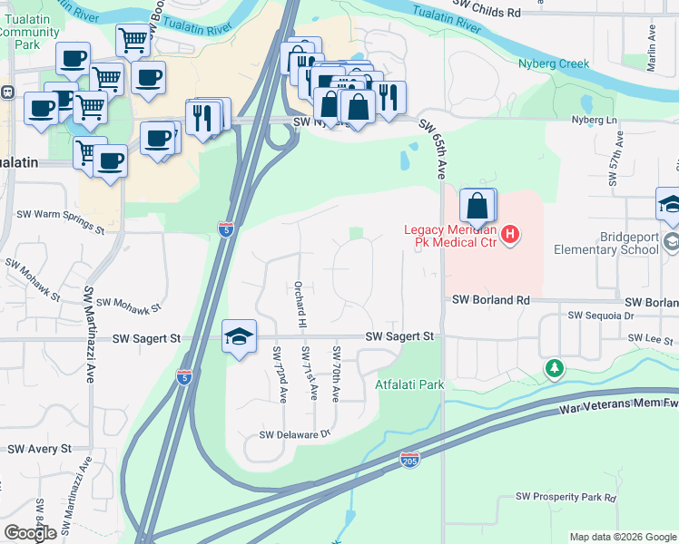 map of restaurants, bars, coffee shops, grocery stores, and more near 6991 Southwest Napa Drive in Tualatin