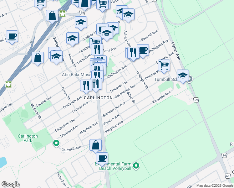 map of restaurants, bars, coffee shops, grocery stores, and more near 1305 Dorchester Avenue in Ottawa