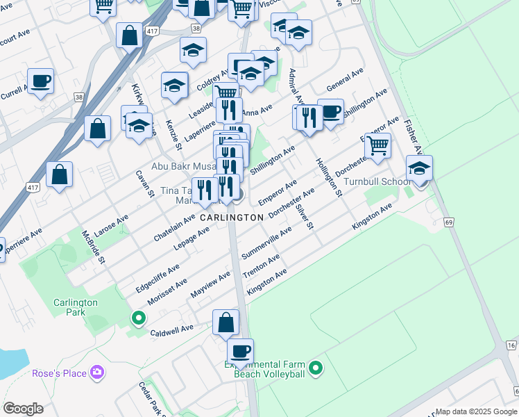 map of restaurants, bars, coffee shops, grocery stores, and more near in Ottawa