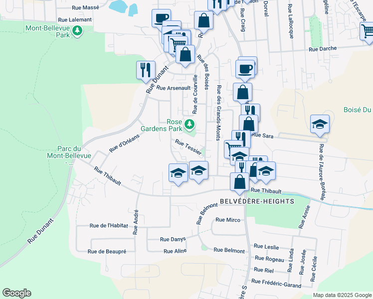 map of restaurants, bars, coffee shops, grocery stores, and more near 850 Rue Tessier in Sherbrooke